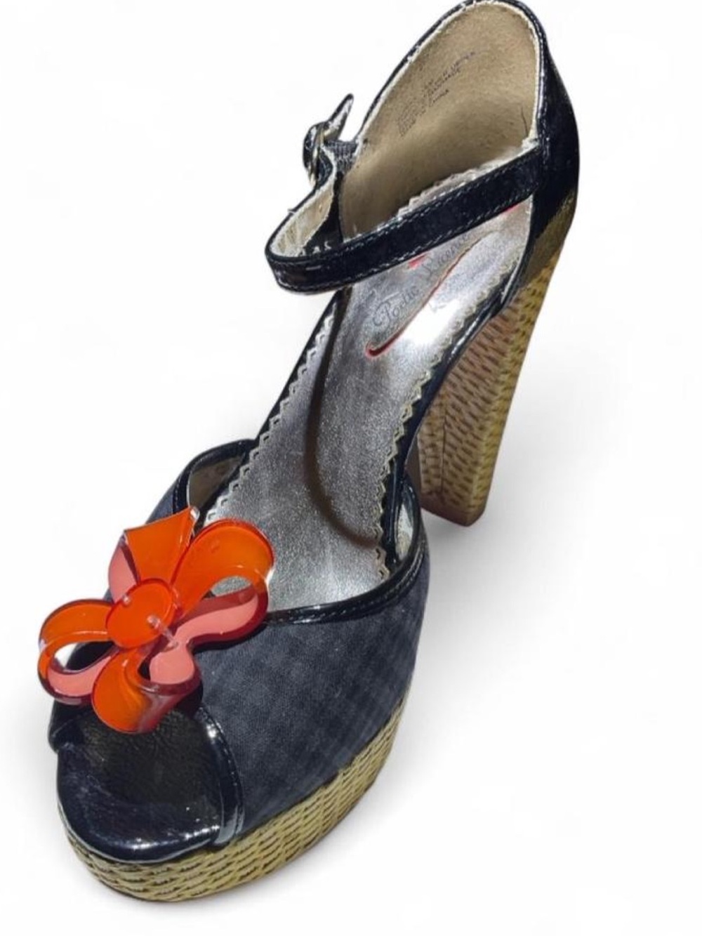 Poetic Licence Black Platform Peep-Toe Heels with Orange Flower Accent - Picture 3 of 7